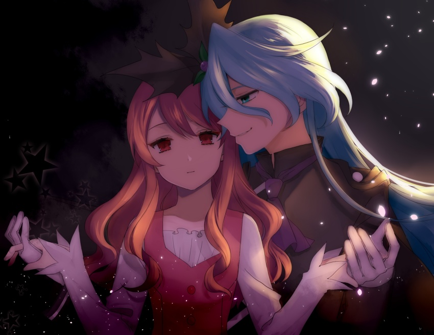 10s, 1boy, 1girl, bad_id, bad_pixiv_id, bishounen, black_background, blue_eyes