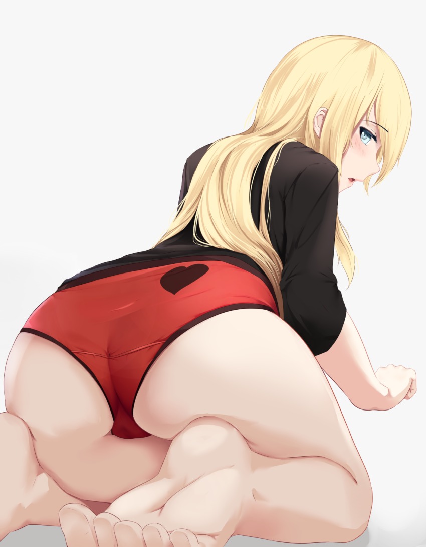 10s, 1girl, ass, barefoot, black_shirt, blonde_hair, blush, commentary, feet, female_focus, from_behind, hair_between_eyes, heart, heart_print, highres, kneeling, long_hair, looking_at_viewer, looking_back, mengo, new_game!, no_pants, open_mouth, panties, profile, red_panties, shirt, simple_background, soles, solo, toes, underwear, yagami_kou
