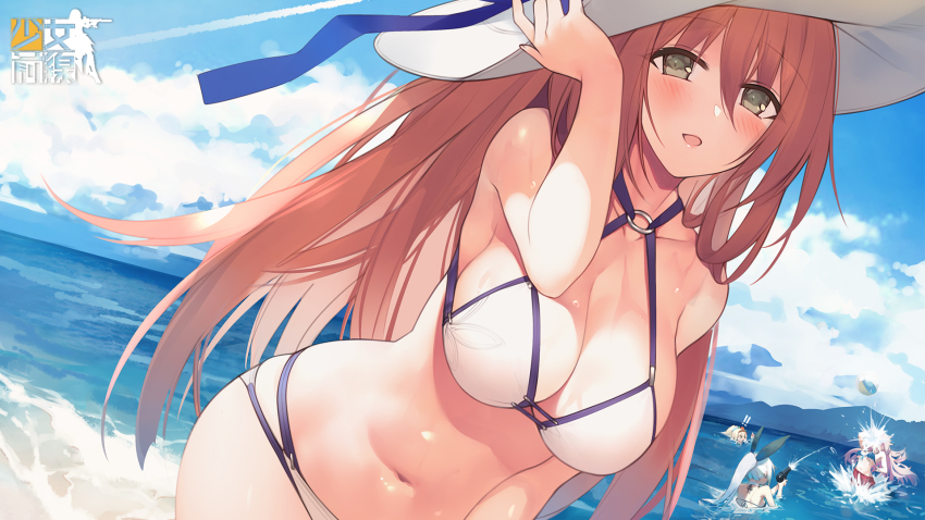 4girls, alternate_costume, beach, bikini, breasts, brown_hair, cleavage, copyright_name, day, five-seven_(cruise_queen)_(girls'_frontline), five-seven_(girls'_frontline), girls'_frontline, green_eyes, hand_on_headwear, hat, highres, in_the_face, long_hair, m1_garand_(beach_princess)_(girls'_frontline), m1_garand_(girls'_frontline), multiple_girls, ntw-20_(girls'_frontline), ntw-20_(op._blazing_sun)_(girls'_frontline), o-ring, o-ring_bikini, o-ring_top, official_alternate_costume, official_art, springfield_(girls'_frontline), springfield_(stirring_mermaid)_(girls'_frontline), suisai., sun_hat, swimsuit, white_bikini