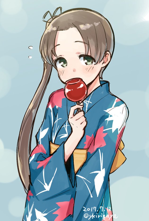 10s, 1girl, ayanami_(kancolle), ayanami_(yukata)_(kancolle), ayanami_(yukata_mode)_(kancolle), brown_hair, candy_apple, commentary_request