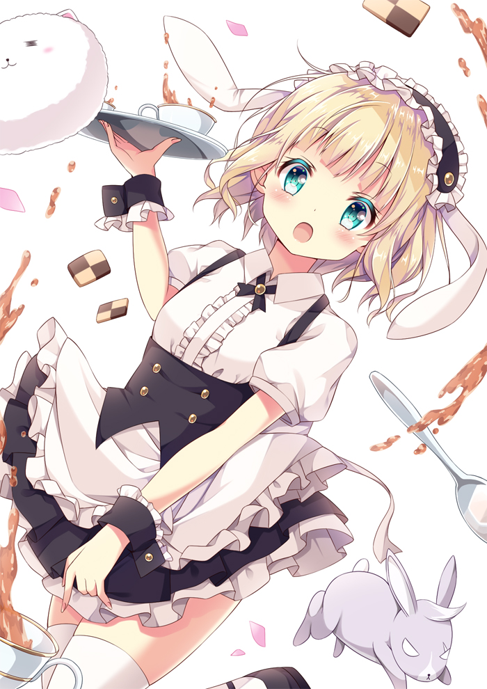 1girl, :o, angora_rabbit, animal, animal_ears, apron, aqua_eyes, bad_id, bad_pixiv_id, black_shoes, black_skirt, blonde_hair, blouse, blueh, blunt_bangs, bolo_tie, breasts, collared_shirt, commentary_request, cookie, cowboy_shot, cup, dutch_angle, fake_animal_ears, female_focus, fleur_de_lapin_uniform, floppy_ears, food, frilled_apron, frilled_cuffs, frilled_shirt, frilled_skirt, frills, gochuumon_wa_usagi_desu_ka?, holding, holding_tray, kirima_syaro, looking_at_viewer, maid_headdress, open_mouth, puffy_sleeves, rabbit, rabbit_ears, shirt, shoes, short_hair, skirt, skirt_tug, small_breasts, solo, spill, spoon, standing, standing_on_one_leg, sui-95, tea, teacup, thighhighs, tippy_(gochiusa), tray, underbust, waist_apron, wavy_hair, white_background, white_shirt, white_thighhighs, wild_geese, wing_collar, wrist_cuffs, zettai_ryouiki