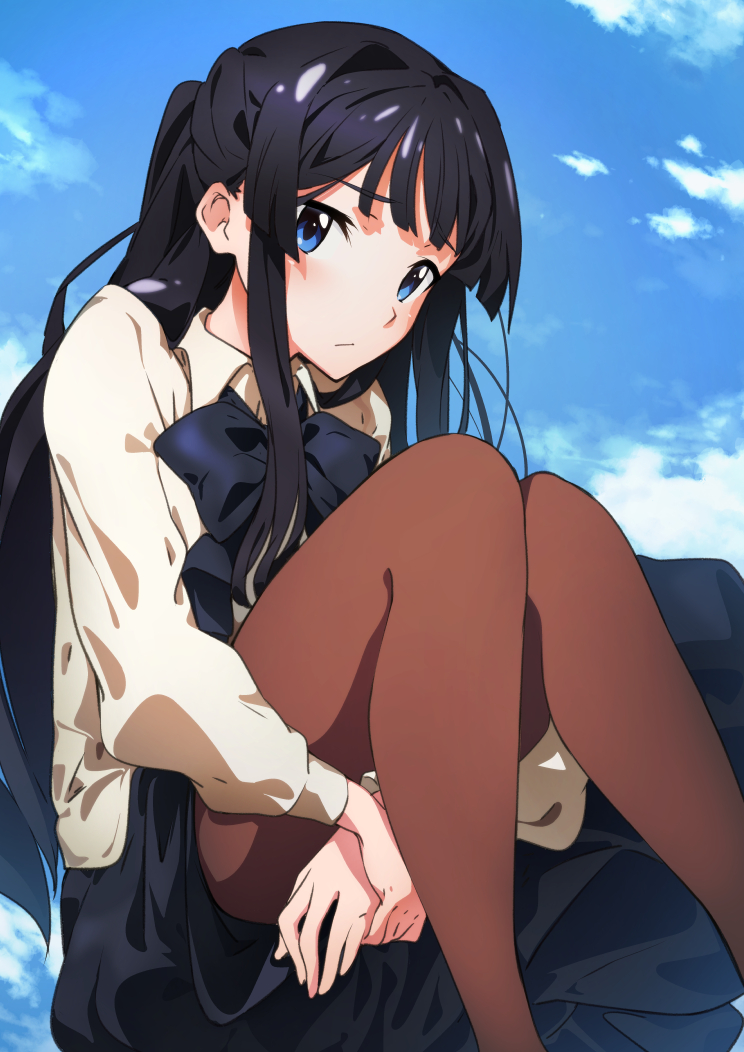 10s, 1girl, bad_id, bad_pixiv_id, black_hair, blue_eyes, blush, brown_pantyhose