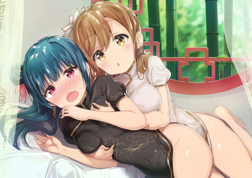 10s, 2girls, blue_hair, blush, breasts, brown_hair, embarrassed, groping