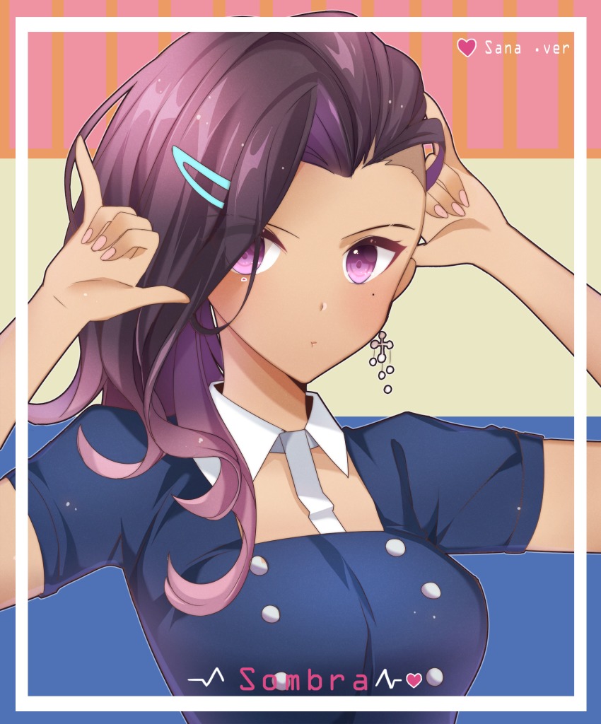 1girl, :t, asymmetrical_hair, blue_dress, breasts, buttons, character_name, collared_dress