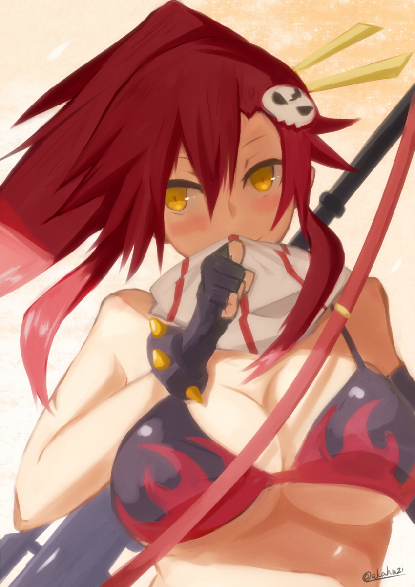 1girl, akahuzi, black_gloves, blush, breasts, cleavage, female_focus, fingerless_gloves