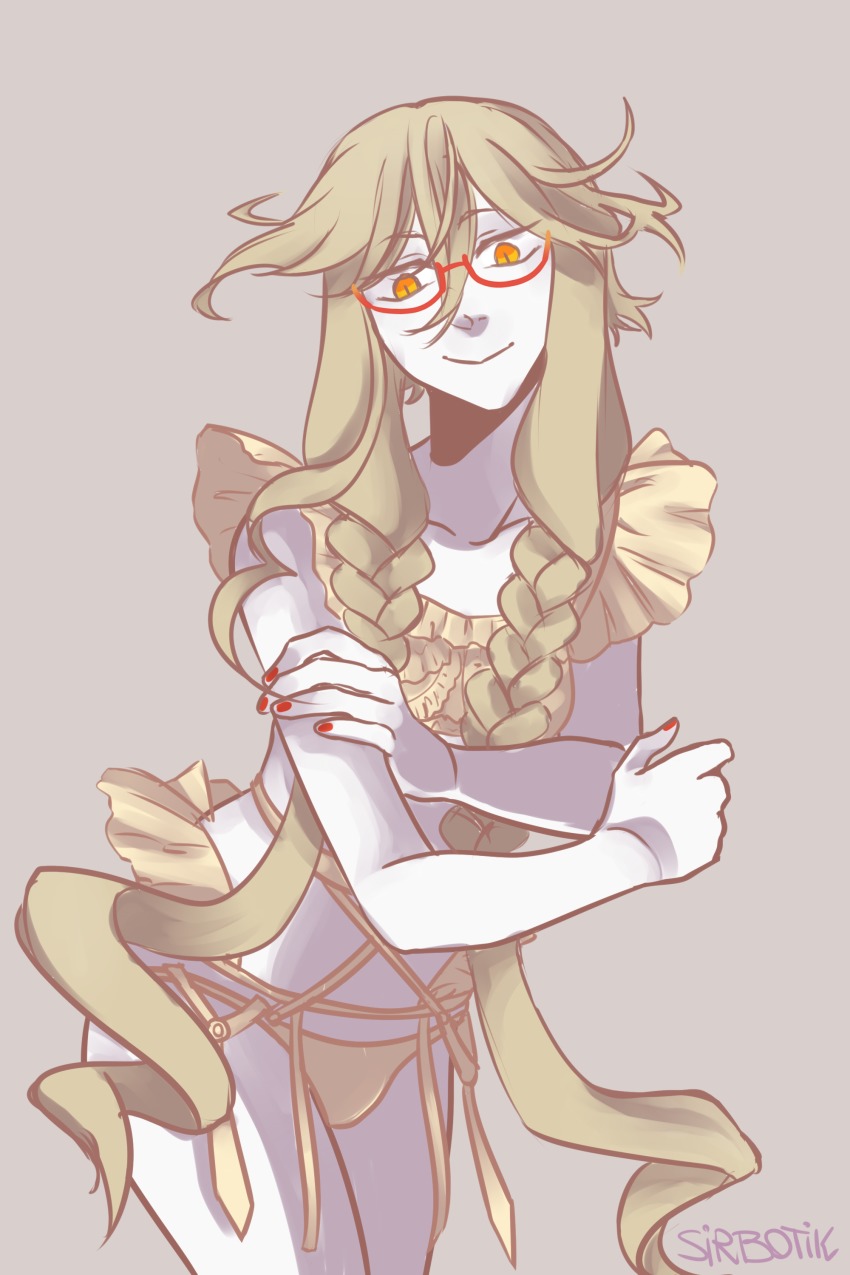 1boy, absurdres, bulge, funamusea, glasses, highres, lingerie, male_focus, red-framed_eyewear, self-upload, simple_background, siralos, sirbotik, solo, taiyou_no_jubaku, trap, underwear