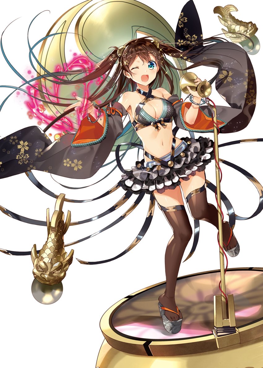 1girl, ;d, absurdres, artist_request, breasts, brown_hair, cleavage, detached_sleeves, female_focus, frilled_skirt, frills, full_body, halterneck, highres, long_hair, medium_breasts, microphone, miniskirt, official_art, one_eye_closed, open_mouth, osaka_(oshiro_project), oshiro_project:re, sandals, shachihoko, simple_background, skirt, smile, solo, sparkle, standing, standing_on_one_leg, thighhighs, two_side_up, very_long_hair, white_background, zouri