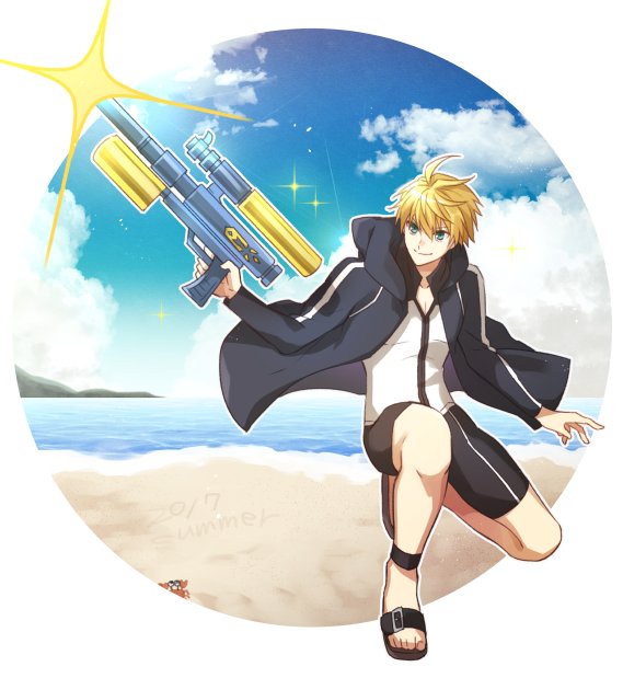 1boy, adapted_costume, ahoge, arthur_pendragon_(fate), artoria_pendragon_(fate), artoria_pendragon_(swimsuit_archer)_(fate)_(cosplay), beach, black_male_swimwear