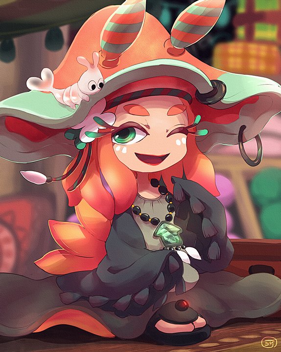 1girl, baggy_clothes, craymond_(splatoon), eyelashes, green_eyes, hat, long_hair, mantis_shrimp