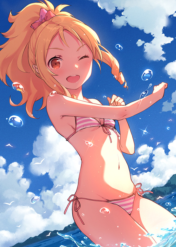 10s, 1girl, bare_arms, bikini, bird, blonde_hair, blue_sky, breasts
