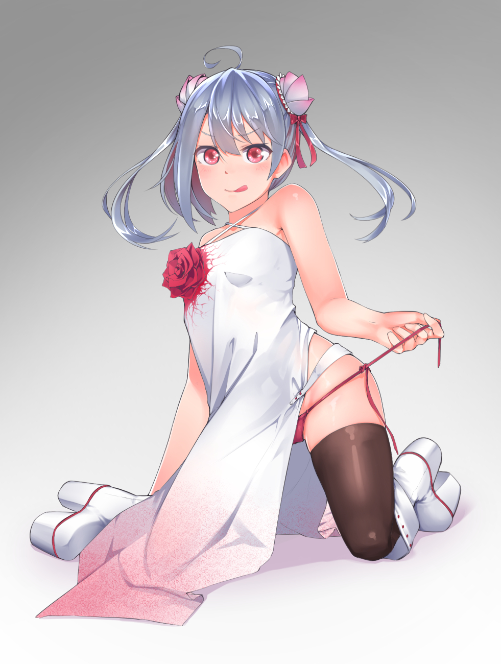 1girl, :q, ahoge, bare_shoulders, boots, brown_thighhighs, criss-cross_halter, dress