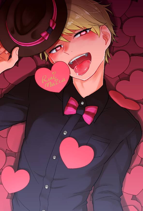 10s, 1boy, alternate_costume, blonde_hair, character_name, half-closed_eyes, heart, heart-shaped_pupils