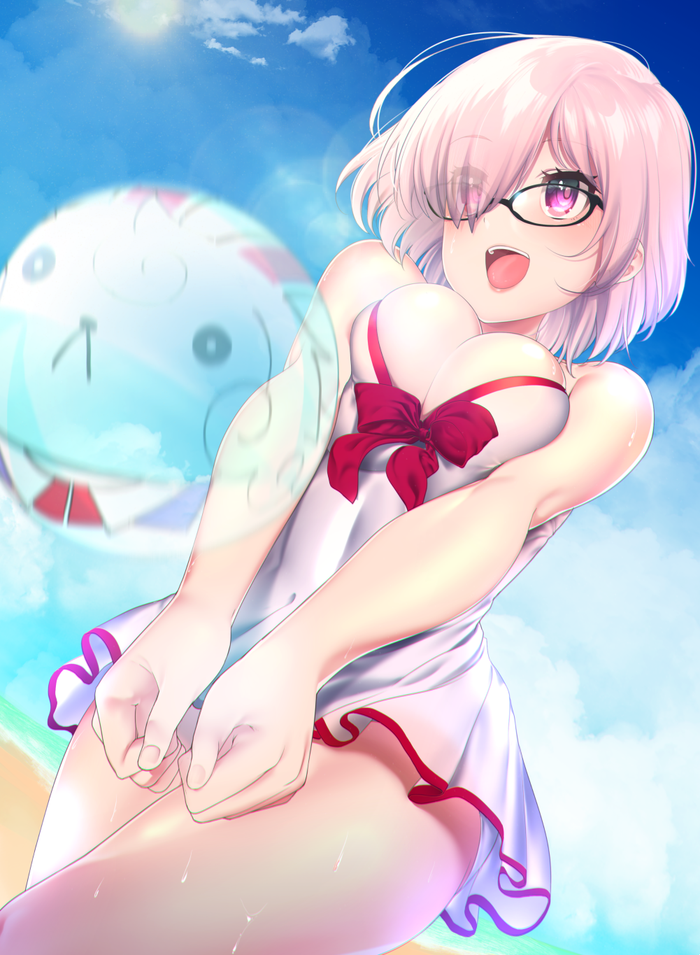 1girl, :d, ball, beach, beachball, black-framed_eyewear, blue_sky, breasts