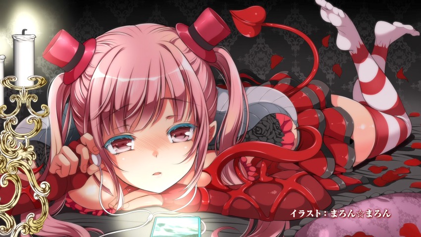 1girl, astaroth_(sin_nanatsu_no_taizai), astaroth_(the_seven_deadly_sins), black_flower, black_rose, blunt_bangs, breast_press, breasts, candle, candlelight, cellphone, demon_girl, demon_horns, demon_tail, earphones, elbow_gloves, end_card, eyelashes, feet, female_focus, fingerless_gloves, flower, foreshortening, full_body, gloves, hat, highres, horns, japanese_text, layered_skirt, long_hair, looking_at_viewer, lying, marron_marron, medium_breasts, mini_hat, mini_top_hat, no_shoes, non-web_source, official_art, on_stomach, parted_lips, petals, phone, pink_eyes, pink_hair, pointy_ears, red_gloves, red_hat, red_skirt, rose, rose_petals, sin_nanatsu_no_taizai, skirt, smartphone, solo, striped_clothes, striped_thighhighs, tail, the_pose, the_seven_deadly_sins, thighhighs, toes, top_hat, twintails