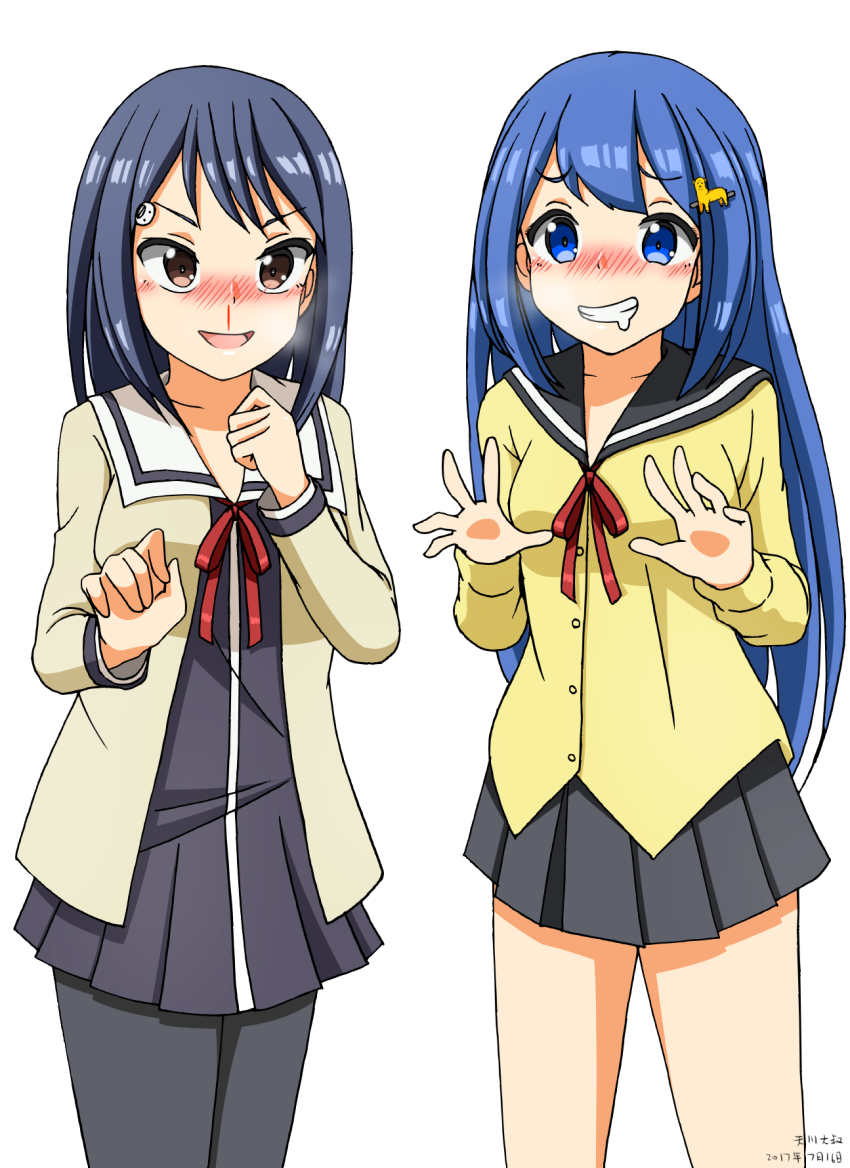 10s, 2girls, aho_girl, alpaca_hair_ornament, bandou_marimo, black_hair, black_legwear, blood