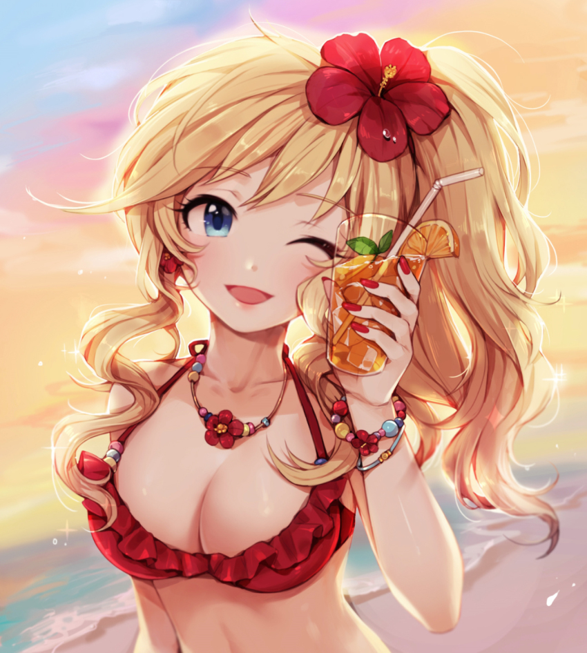 10s, 1girl, beach, bikini, blonde_hair, breasts, cleavage, collarbone