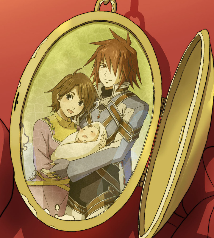 00s, 1girl, 2boys, anna_irving, baby, baby_carry, brown_eyes, brown_hair, carrying, family, family_bonding, father_and_child, father_and_son, jewelry, kratos_aurion, kratos_aurion_(judgment), lloyd_irving, locket, mother_and_child, mother_and_son, multiple_boys, official_alternate_costume, parent_and_child, pendant, portrait, red_background, red_eyes, red_hair, shimabara, sio_vanilla, spoilers, tales_of_(series), tales_of_symphonia