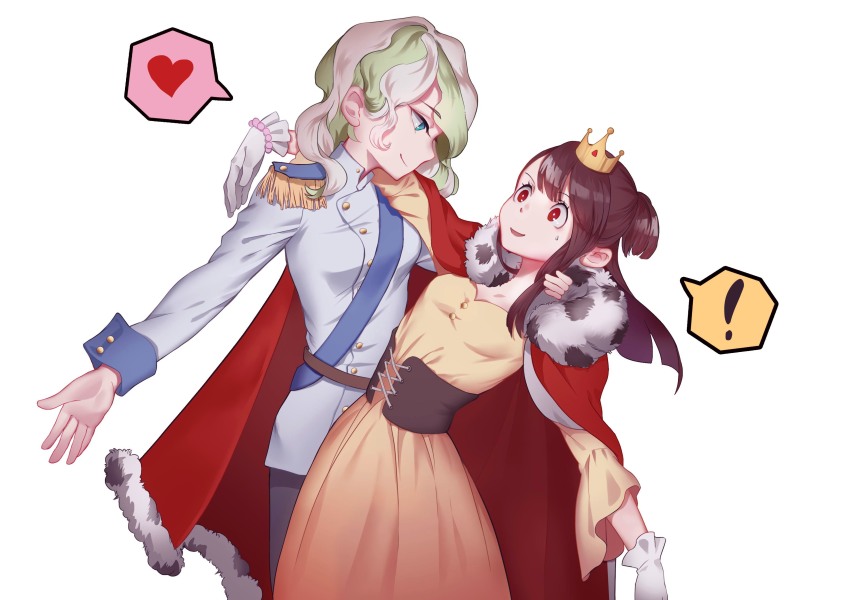 !, 10s, 2girls, absurdres, breasts, brown_hair, cleavage, diana_cavendish, green_hair, heart, highres, kagari_atsuko, little_witch_academia, long_hair, meoten_caizi, multicolored_hair, multiple_girls, red_eyes, speech_bubble, spoken_exclamation_mark, spoken_heart, white_hair, yuri