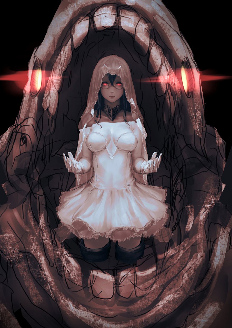 10s, 1girl, abyssal_ship, black_background, black_hair, breasts, cleavage, collar