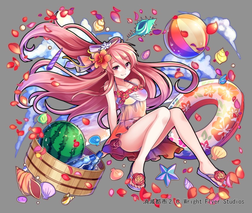 1girl, arms_behind_back, ball, bare_shoulders, beachball, bikini, bikini_under_clothes, blush, bow, breasts, bucket, character_request, cleavage, closed_mouth, cloud, collarbone, commentary_request, copyright_name, copyright_request, dress, feet, female_focus, floating_hair, floral_print, flower, food, fruit, full_body, hair_between_eyes, hair_bow, hair_flower, hair_ornament, halterneck, hibiscus, hibiscus_print, highres, ice, ice_cube, innertube, knees_together_feet_apart, long_hair, looking_at_viewer, luna_(shoumetsu_toshi_2), medium_breasts, nou_(nounknown), official_art, petals, pink_eyes, pink_hair, purple_bow, ramune, sandals, seashell, shell, shoumetsu_toshi_2, side-tie_bikini_bottom, sitting, solo, star_(symbol), sundress, swim_ring, swimsuit, toes, very_long_hair, watermelon, wooden_bucket