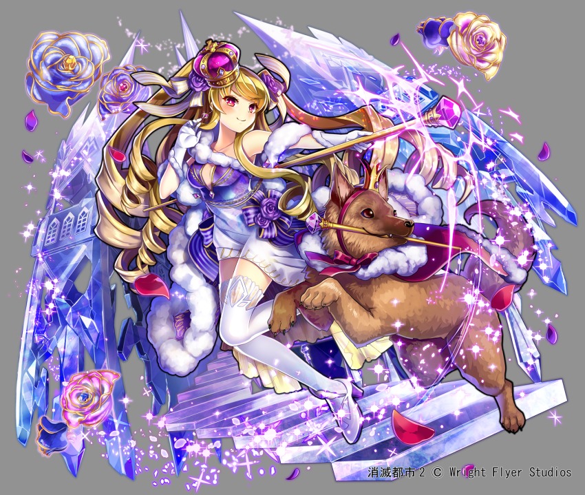 1girl, animal, bare_shoulders, blonde_hair, bow, breasts, cape, cleavage, cleavage_cutout, closed_mouth, clothing_cutout, collarbone, copyright_name, crown, crystal, dress, drill_hair, earrings, flower, fur-trimmed_cape, fur-trimmed_gloves, fur_trim, gem, gloves, grey_background, hair_bow, hair_flower, hair_ornament, high_heels, highres, holding, holding_staff, jewelry, leg_up, light_particles, long_hair, looking_at_viewer, mary_(shoumetsu_toshi_2), medium_breasts, mini_crown, mouth_hold, nou_(nounknown), official_art, petals, purple_cape, red_cape, red_eyes, rose, shoes, shoumetsu_toshi_2, sleeveless, sleeveless_dress, staff, stairs, striped_bow, thighhighs, very_long_hair, white_footwear, white_gloves, white_thighhighs, wolf, zettai_ryouiki