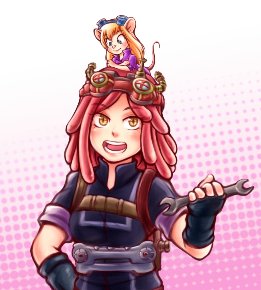 10s, 2girls, animal_ears, blonde_hair, blue_eyes, boku_no_hero_academia, chip_'n_dale_rescue_rangers, crossover, disney, gadget_hackwrench, goggles, goggles_on_head, hatsume_mei, highres, mickey_mouse_&amp;_friends, mini_person, minigirl, mouse_ears, mouse_girl, mouse_tail, multiple_girls, octoppoi, open_mouth, pink_hair, smile, tail, trait_connection, wrench, yellow_eyes