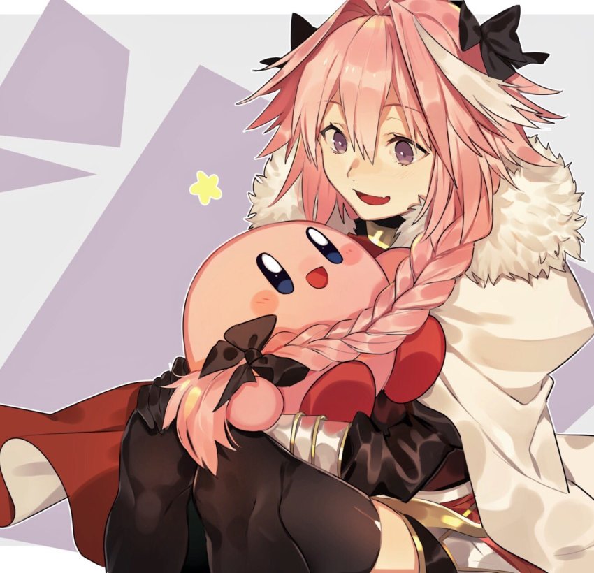 1boy, astolfo_(fate), astolfo_(rider)_(fate), black_bow, bow, braid, cape, crossover, fang, fate/apocrypha, fate/grand_order, fate_(series), fur_trim, garter_straps, hair_ribbon, highres, kirby, kirby_(series), male_focus, multicolored_hair, nintendo, open_mouth, pink_hair, purple_eyes, ribbon, single_braid, smile, streaked_hair, trap, ya_4004