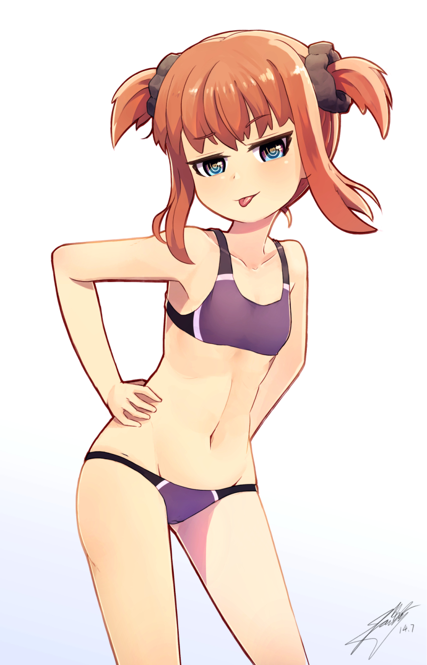 1girl, :p, bikini, blue_eyes, brown_hair, collarbone, female_focus, flat_chest