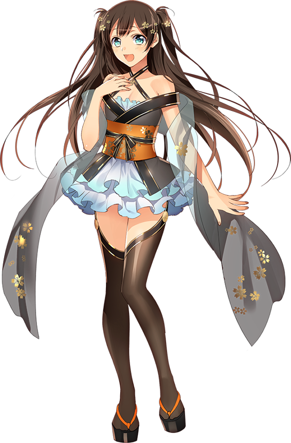 1girl, :d, blue_eyes, brown_hair, female_focus, full_body, hand_on_own_chest, long_hair, midriff, murakami_yuichi, navel, official_art, open_mouth, osaka_(oshiro_project), oshiro_project:re, sleeveless, smile, solo, thighhighs, transparent_background, twintails