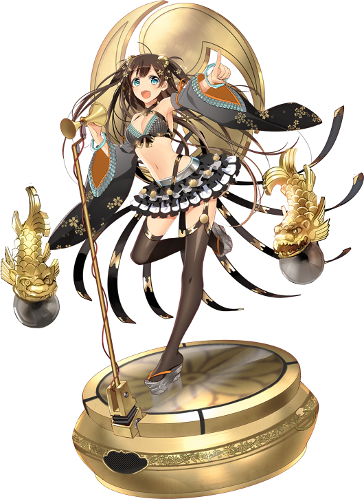 1girl, blue_eyes, breasts, brown_hair, cleavage, detached_sleeves, female_focus, frilled_skirt