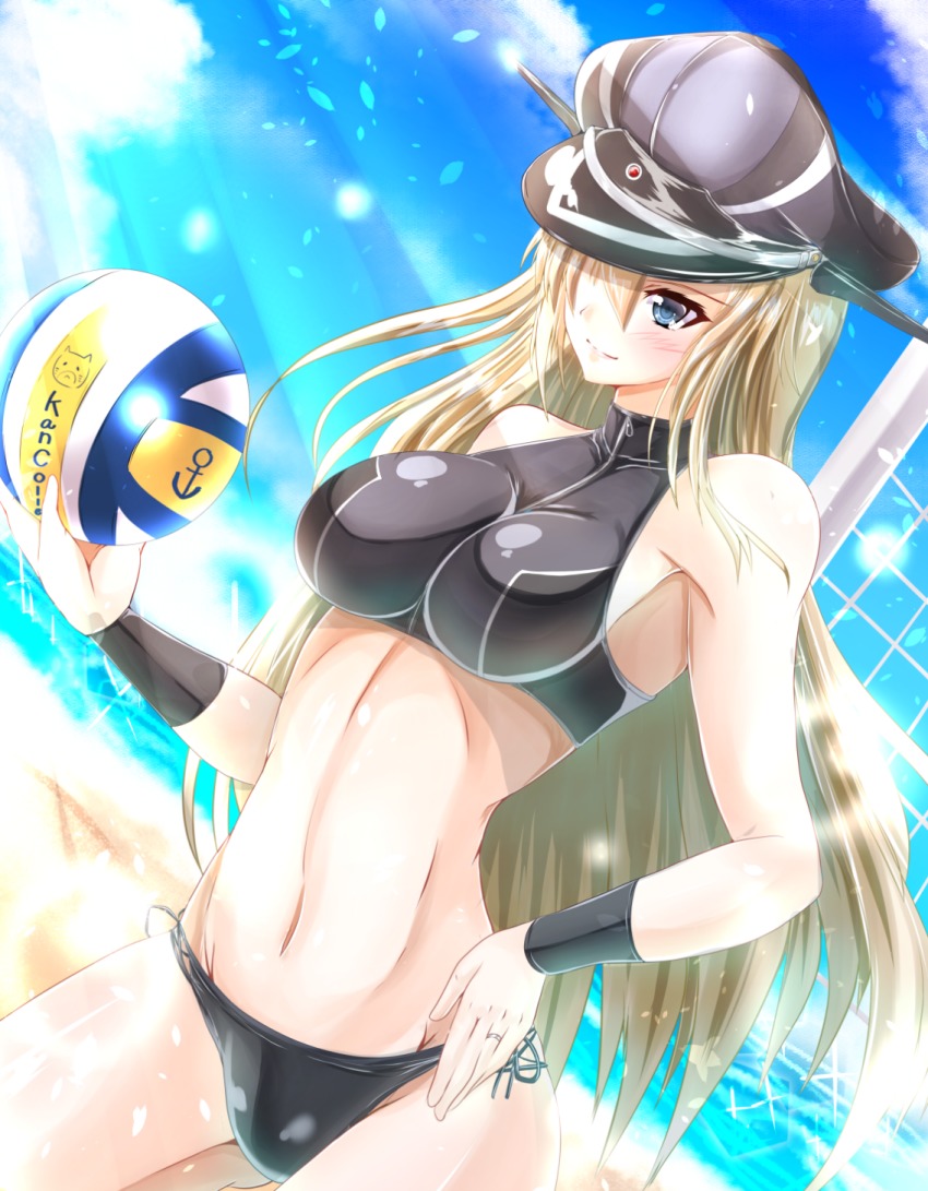 10s, 1girl, ball, beach, bikini, bismarck_(kancolle), black_bikini, blonde_hair