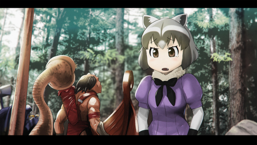 10s, 1girl, animal_ears, archer_(small_soldiers), black_hair, blush, boat, bow, brown_eyes, chromatic_aberration, common_raccoon_(kemono_friends), crossover, forest, gloves, grey_hair, kemono_friends, letterboxed, looking_at_another, multicolored_hair, nature, ocula, open_mouth, outdoors, quiver, raccoon_ears, short_hair, short_sleeves, small_soldiers, tearing_up, troglokhan, ueyama_michirou, watercraft, white_hair