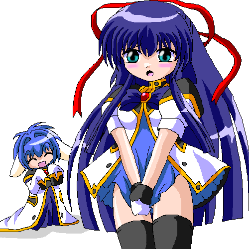 2girls, animal_ears, aqua_eyes, blue_hair, blue_skirt, blush, closed_eyes, cosplay