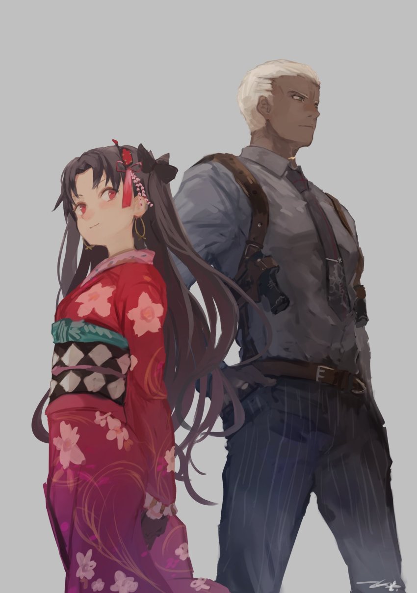1boy, 1girl, alternate_costume, belt, black_hair, black_necktie, black_ribbon, black_shirt, c:, closed_mouth, dark_skin, emiya_alter, emiya_alter_(formal_dress), fate/grand_order, fate_(series), floral_print, grey_background, gun, hair_ribbon, hand_in_pocket, handgun, highres, holster, ishtar_(fate), ishtar_(formal_dress)_(fate), japanese_clothes, kimono, kouzuki_kei, long_hair, long_sleeves, neck, necktie, obi, pants, parted_bangs, pistol, red_eyes, red_kimono, ribbon, sash, shirt, short_hair, simple_background, smile, standing, tohsaka_rin, two_side_up, type-moon, weapon, white_hair