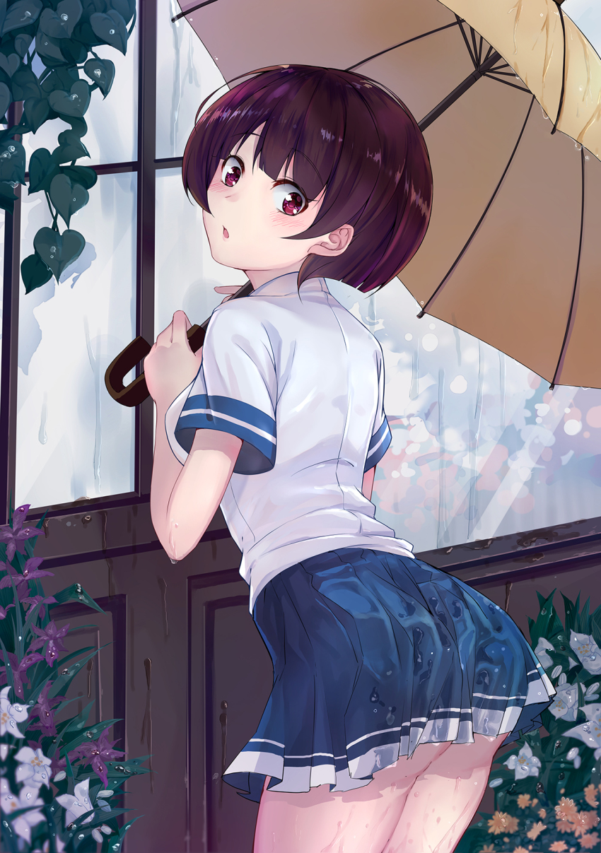 1girl, ass, bad_id, bad_pixiv_id, black_hair, blue_skirt, blush, character_request