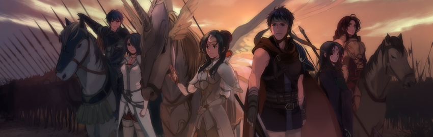 3boys, 3girls, armor, barding, black_hair, blue_eyes, blue_hair, cape