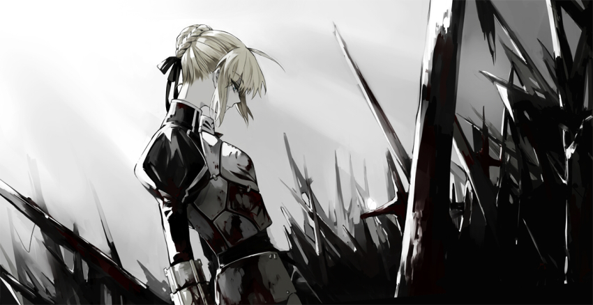 1girl, ahoge, armor, armored_dress, artoria_pendragon_(fate), blonde_hair, blood, blood_on_clothes