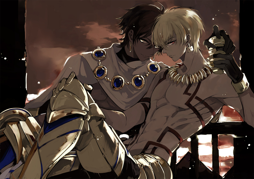 2boys, armor, blonde_hair, cape, chalice, cup, dark-skinned_male, dark_skin