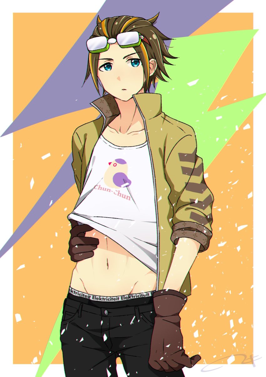 10s, 1boy, bangs_pinned_back, blue_eyes, brown_gloves, brown_hair, clothes_lift, gloves, goggles, goggles_on_head, groin, hand_on_own_stomach, highres, idolmaster, idolmaster_side-m, jacket, looking_to_the_side, male_focus, multicolored_hair, navel, niki_(nikism1987), open_clothes, open_jacket, orange_hair, shiraishi_eru, shirt_lift, solo, streaked_hair, toned, toned_male, underwear