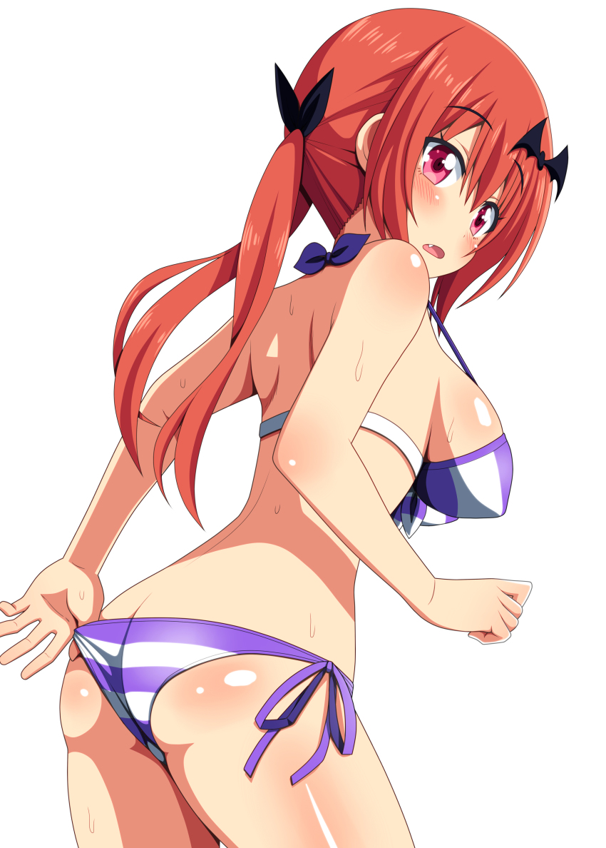 10s, 1girl, absurdres, adjusting_clothes, adjusting_swimsuit, ass, bare_arms, bare_shoulders, bat_hair_ornament, bikini, black_ribbon, breasts, butt_crack, cowboy_shot, fang, female_focus, gabriel_dropout, hair_ornament, hair_ribbon, highres, long_hair, looking_at_viewer, looking_back, medium_breasts, nase, pink_eyes, purple_bikini, red_hair, ribbon, satanichia_kurumizawa_mcdowell, side-tie_bikini_bottom, simple_background, solo, striped_bikini, striped_clothes, sweat, swimsuit, thighs, twintails, wedgie, white_background