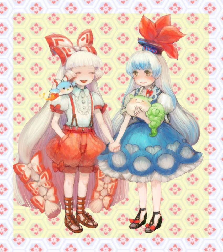 2girls, :3, dual_persona, ex-keine, female_focus, fujiwara_no_mokou, fujiwara_no_mokou_(phoenix), gladiator_sandals