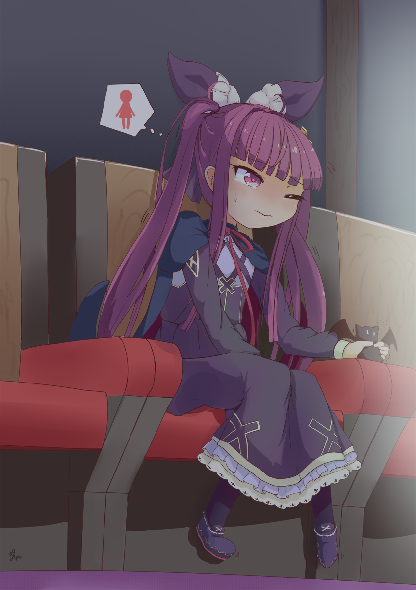 1girl, alucard_lore, artist_request, bad_id, bad_pixiv_id, bat_wings, between_legs, black_dress, black_legwear, black_shoes, bow, capelet, child, dress, emil_chronicle_online, female_focus, frilled_dress, frills, hair_bow, hair_ornament, hand_between_legs, have_to_pee, highres, knees_together_feet_apart, long_hair, long_sleeves, movie_theater, one_eye_closed, purple_eyes, purple_hair, red_ribbon, ribbon, shoes, signature, sitting, solo, sweat, tears, trembling, twintails, wings, wink