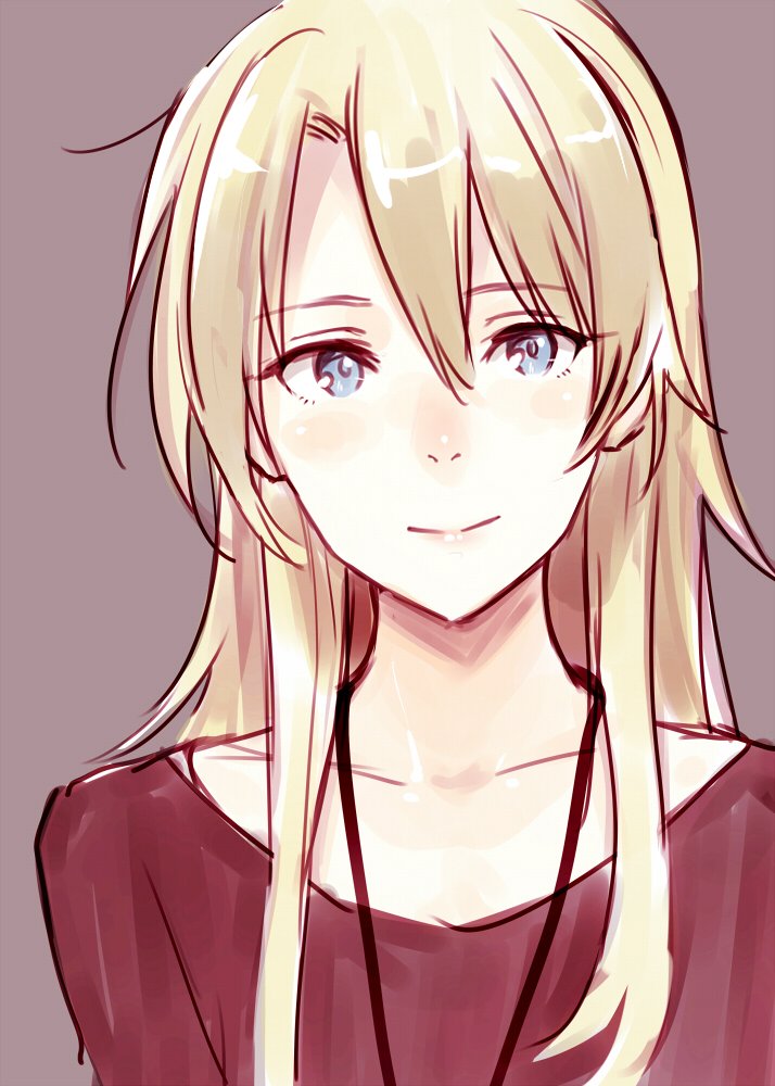 1girl, blonde_hair, blue_eyes, collarbone, commentary, female_focus, hair_between_eyes, light_smile