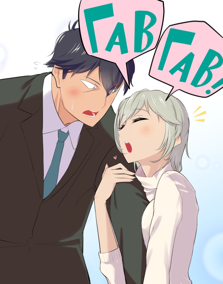 10s, 1boy, 1girl, ^_^, anastasia_(idolmaster), black_hair, blush, breasts