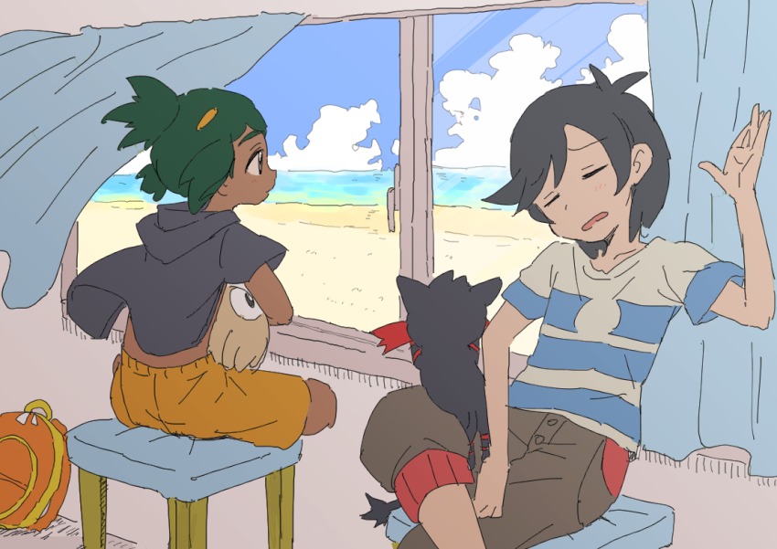 2boys, arm_up, backpack, bag, bangs_pinned_back, beach, black_hair, blue_sky