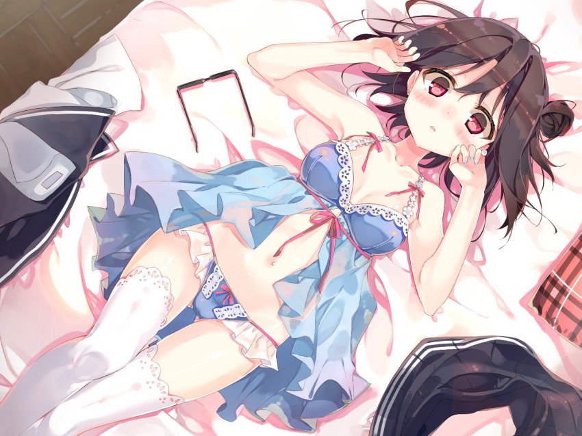 1girl, babydoll, bare_arms, bed_sheet, black_hair, black_skirt, blue_panties, blush