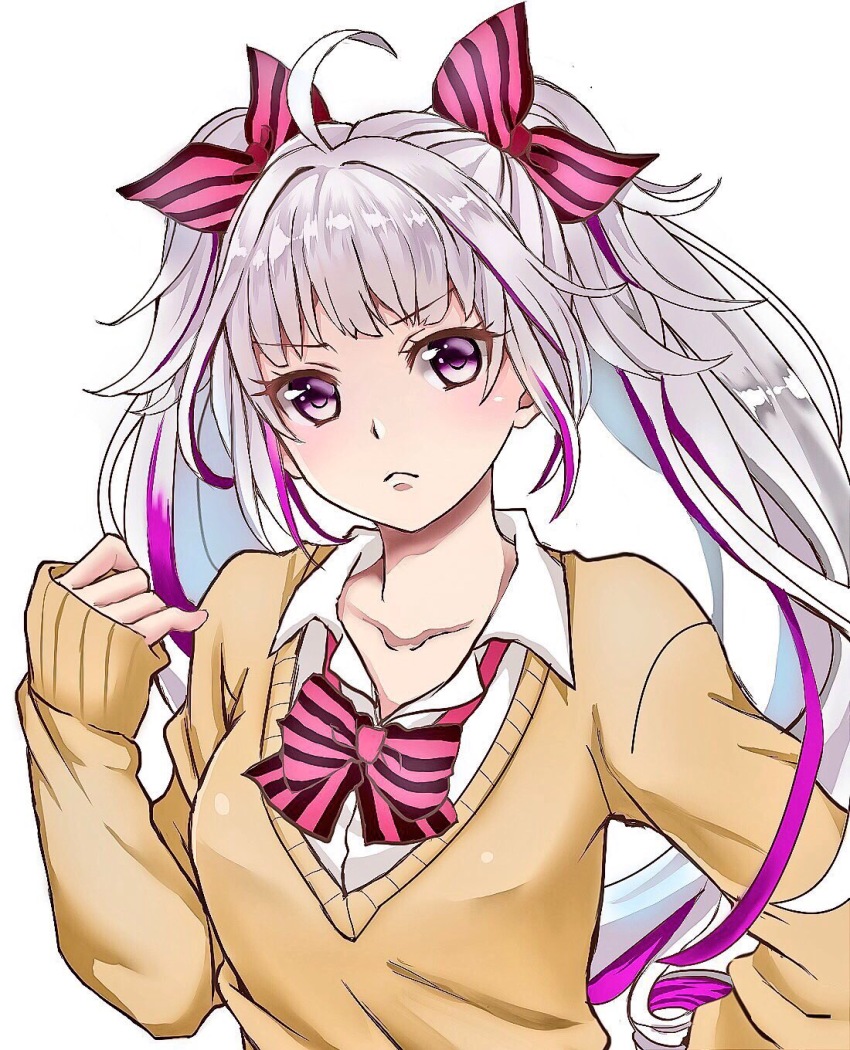 >:(, 1girl, blush, bow, bowtie, cardigan, caro_(shironeko_project), closed_mouth