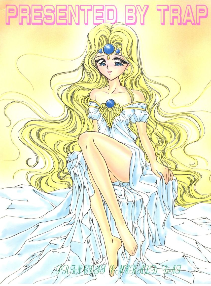 1girl, bare_shoulders, barefoot, blonde_hair, blue_eyes, circlet, dress, emeraude_(rayearth)