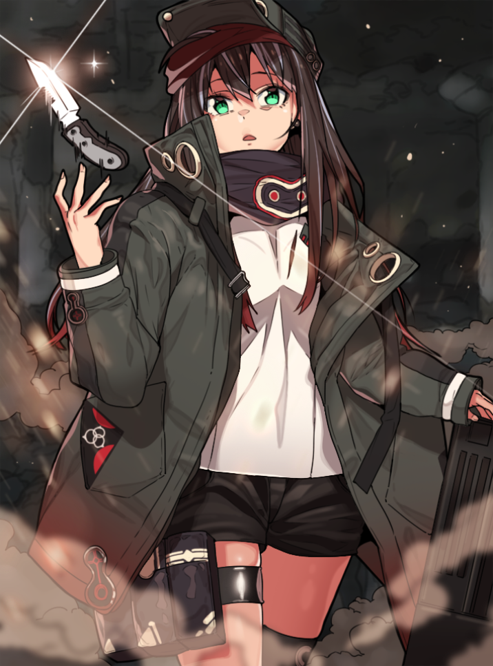 1girl, ammunition_pouch, assault_rifle, black_jacket, black_shorts, black_thighhighs, breasts, bullpup, caseless_firearm, cloud, cloudy_sky, cosplay, cowboy_shot, erere, fingernails, flat_cap, g11_(girls'_frontline), g11_(girls'_frontline)_(cosplay), girls'_frontline, glint, green_eyes, green_hat, green_jacket, gun, h&amp;k_g11, hair_between_eyes, hat, high_collar, holster, horizontal_magazine, idolmaster, idolmaster_cinderella_girls, jacket, knife, long_fingernails, long_hair, long_sleeves, looking_at_viewer, nail_polish, night, open_clothes, open_jacket, open_mouth, outdoors, pink_nails, pocket, pouch, rifle, scarf, shibuya_rin, shirt, short_shorts, shorts, single_thighhigh, sky, sleeves_past_wrists, smoke, standing, thigh_holster, thigh_strap, thighhighs, voice_actor_connection, weapon, white_shirt