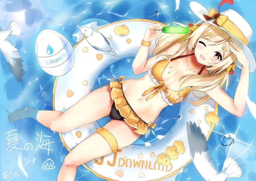 1girl, arm_up, asahi_kuroi, bikini, bird, black_bikini, blonde_hair, blush